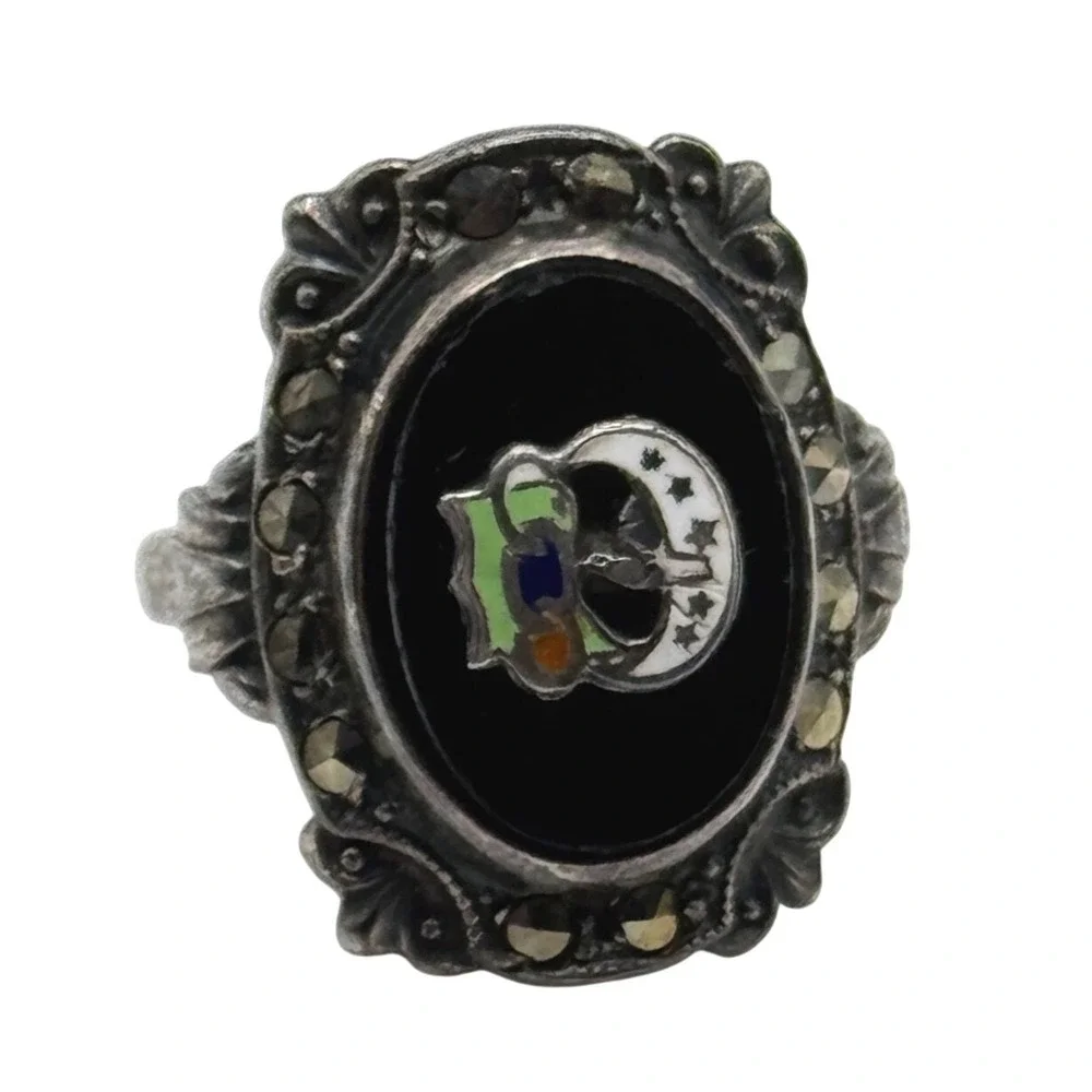 Vintage Uncas Rebekahs‎ Odd Fellows Sterling Silver Marcasite Ring Size 4.5 READ